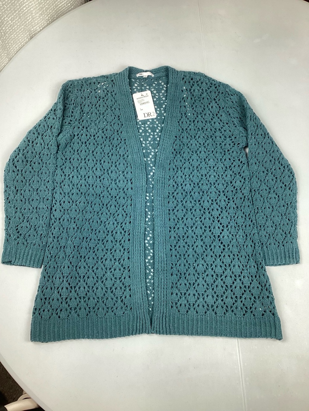 DR2 By Daniel Rainn Teal Open Front Crochet Cardigan Sweater NEW! Nordstrom Sz L
